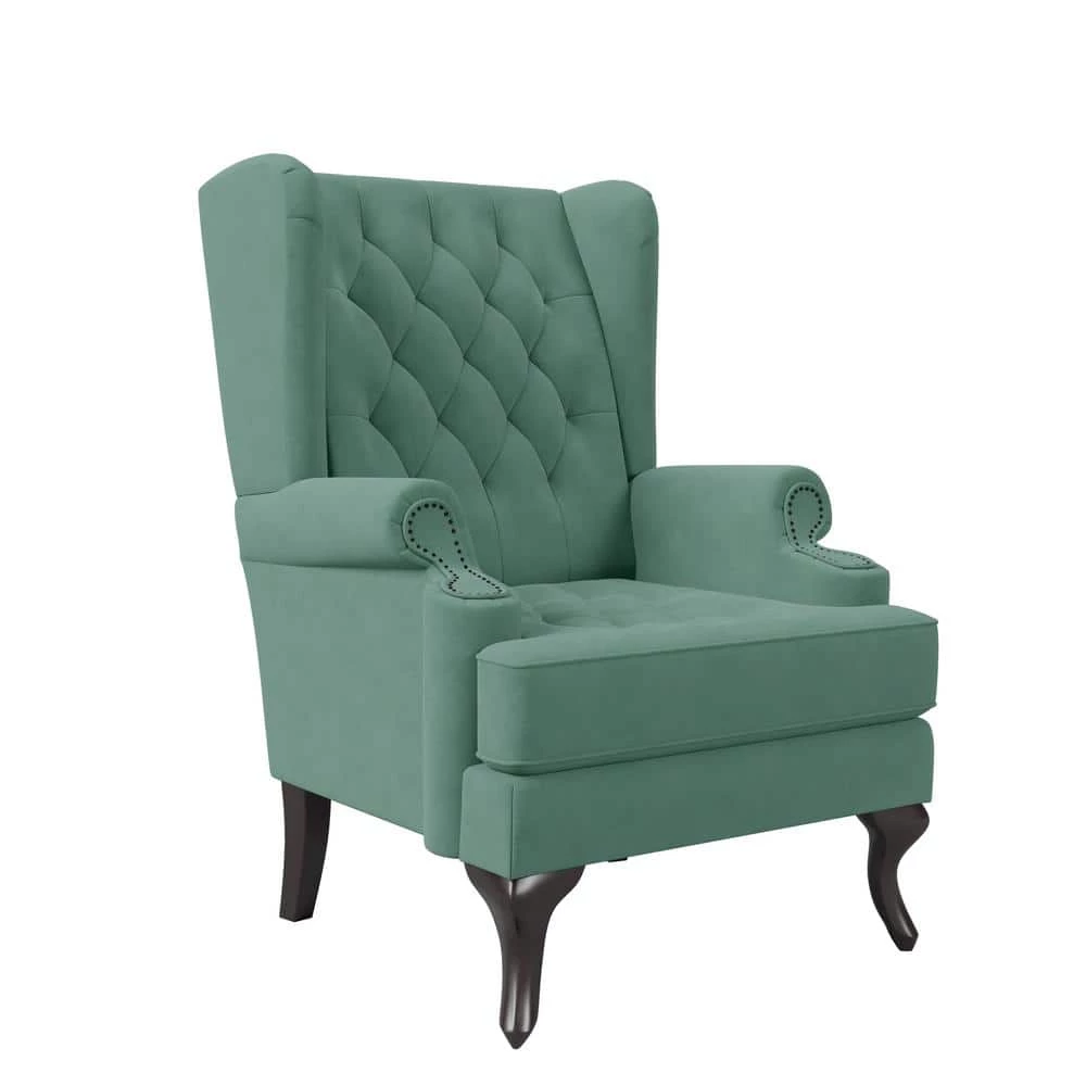 Niewuinski Turquoise Blue Velvet-Like Fabric Button-Tufted Wingback Arm Chair with Tack Head Accents by Handy Living 1 Niewuinski Turquoise Blue Velvet-Like Fabric Button-Tufted Wingback Arm Chair with Tack Head Accents by Handy Living