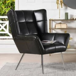 Gerald Mid-Century Modern Tufted Wingback Armchair, Vintage Black Brown Faux Leather by Jennifer Taylor
