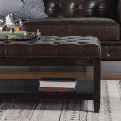 Sylvan Farmhouse Birch Wood Tufted Cocktail Storage Ottoman, Vintage Brown Faux Leather by Jennifer Taylor -Jennifer Taylor Home Store vintage brown faux leather jennifer taylor ottomans 85660 mfr 31 1000