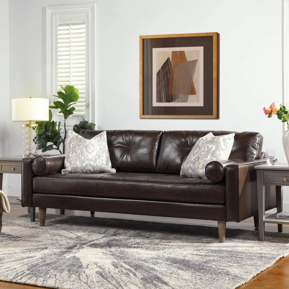 Nicholas 83.5 in. Mid-Century Modern Sofa, Vintage Brown Faux Leather by Jennifer Taylor 2 Nicholas 83.5 in. Mid-Century Modern Sofa, Vintage Brown Faux Leather by Jennifer Taylor - Image 2