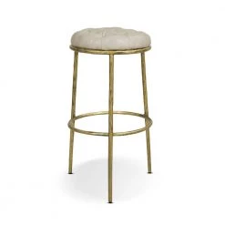 Aerin 30 in. Hammered Brass Backless Round Bar Stool, Warm Gray Faux Leather by Jennifer Taylor