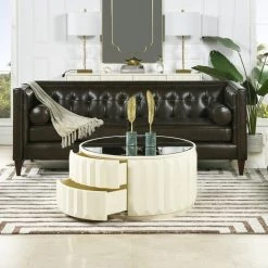 Facino 35.5" Round Storage Coffee Table, White Lacquer by Jennifer Taylor